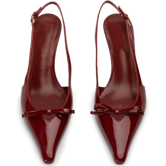 Caradise Women Burgundy Bow Pointed Toe Kitten Pumps Sexy Backless Stiletto Heel - Picture 4 of 8